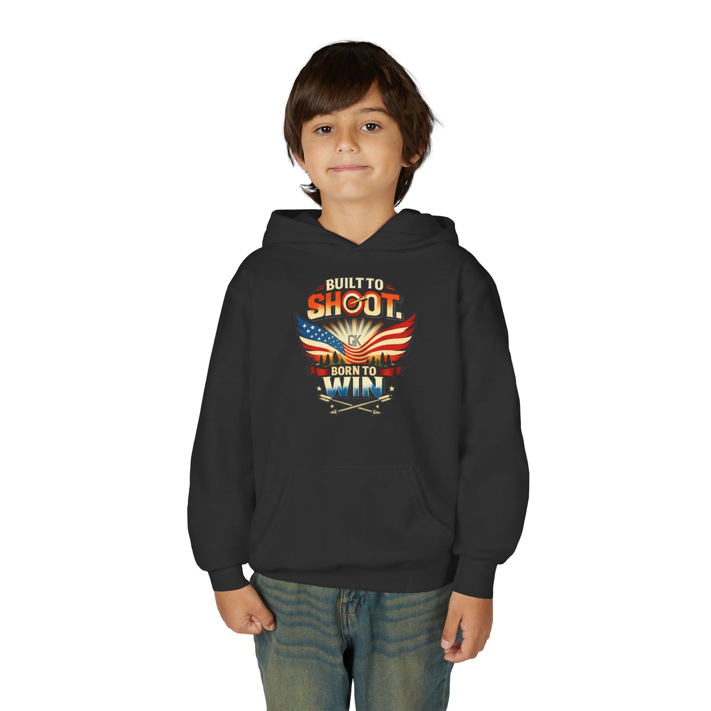Youth Hoodie - "Built to Shoot, Born to Win" USA Flag Shooting Design